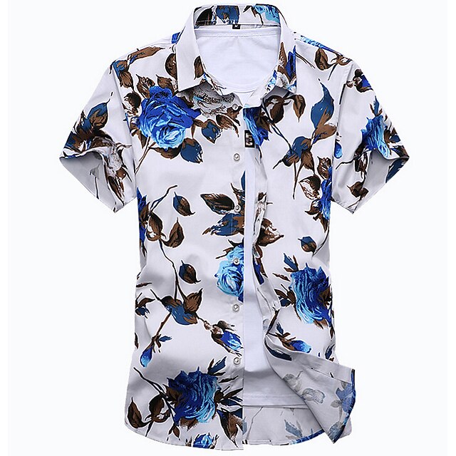  Men's Shirt Floral Classic Collar Beach Print Short Sleeve Slim Tops Boho White Black / Summer / Summer