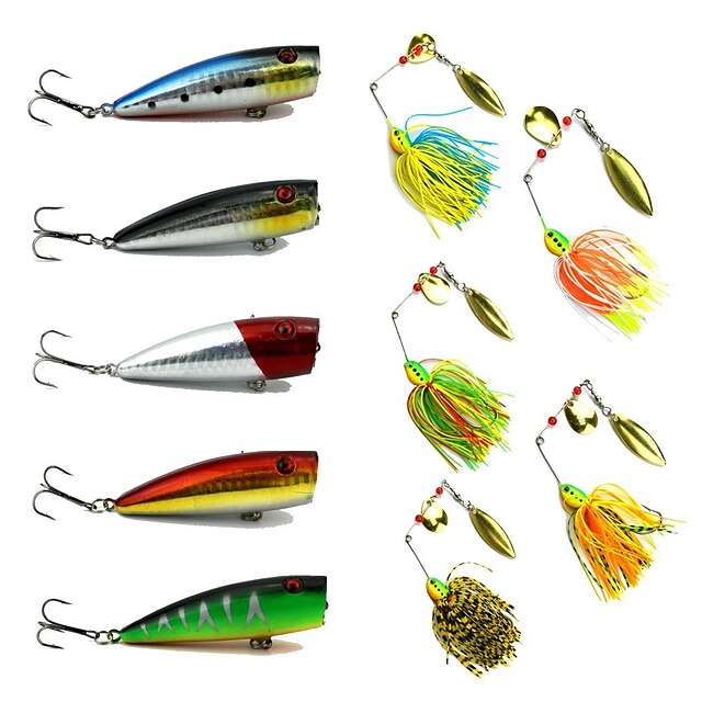  10 pcs Conjuntos de Isco Iscas Popper de Pesca Conjuntos de Isco Iscos Rotativos Flutuante Afundando Bass Truta Pique Pesca de Mar Pesca Voadora Isco de Arremesso