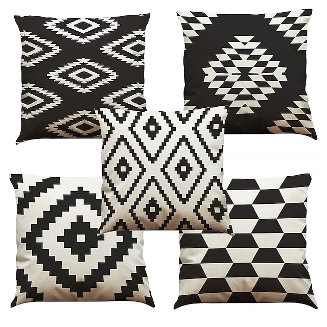  lot de 5 taie d'oreiller naturelle/organique à carreaux floraux de couleur unie, oreiller décontracté rétro traditionnel/classique coussin d'extérieur pour canapé canapé-lit chaise 45*45cm noir blanc