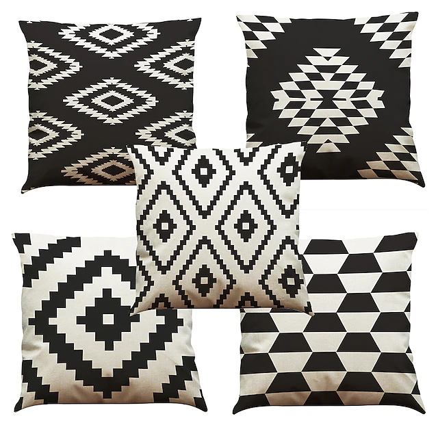 Set of 5 Solid Colored Floral Plaid Natural / Organic Pillow Cover , Casual Retro Traditional / Classic Throw Pillow Outdoor Cushion for Sofa Couch Bed Chair 45*45CM Black White 7