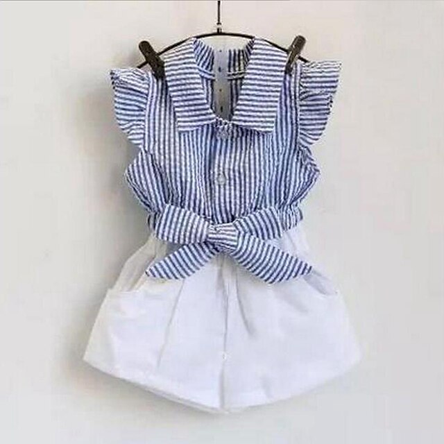  Toddler Girls' Clothing Set Sleeveless Blue Red Striped Cotton Daily Ruffle Stripes Short / Summer
