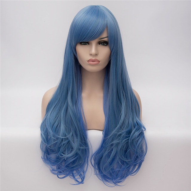  syntetisk parykk cosplay parykk naturlig bølge naturbølge parykk langt blått syntetisk hår dameblått