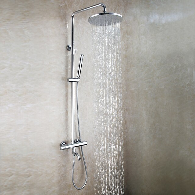  עכשווי מותקן על הקיר מקלחת גשם שפורפרת יד כלולה תרמוסטטי שסתום פליז שתי ידיות שלושה חורים כרום , ברז למקלחת