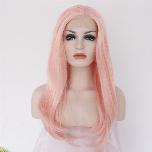  Synthetic Lace Front Wig Natural Wave Natural Wave Lace Front Wig Pink Medium Length Pink Synthetic Hair Women's Pink