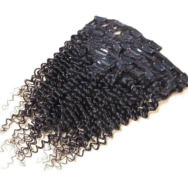  Felcsatolható Human Hair Extensions Kinky Curly Emberi haj Emberi haj tincsek Női Fekete