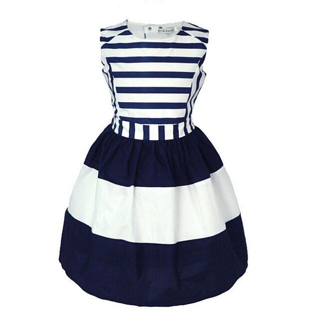  Toddler Little Girls' Dress Blue & White Striped Daily Holiday Navy Blue Sleeveless Sweet Dresses Summer Slim