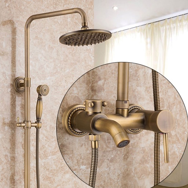  Vintage-Duschsystem-Wasserhahn-Set, 8-Zoll-Regenduschkopf mit Handbrause-Combo-Kit zur Wandmontage, verstellbarem Messingkörper und Einhand-Einloch-Badewannen-Duschmischbatterien