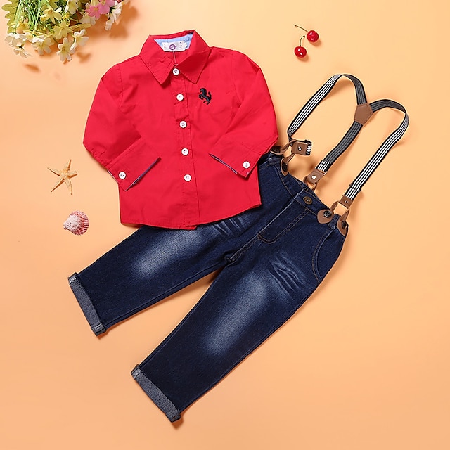  Toddler Boys' Clothing Set Long Sleeve Red Solid Colored Cotton Daily Holiday Active Regular / Fall / Spring