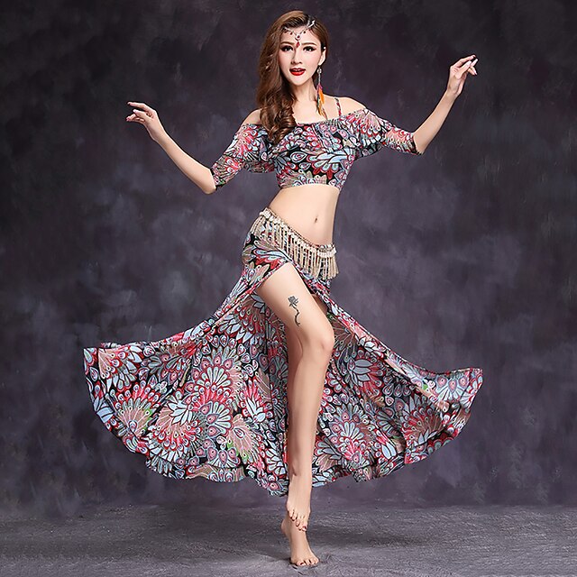  Belly Dance Outfits Women's Performance Spandex Pattern / Print Half Sleeves Natural Top Skirt