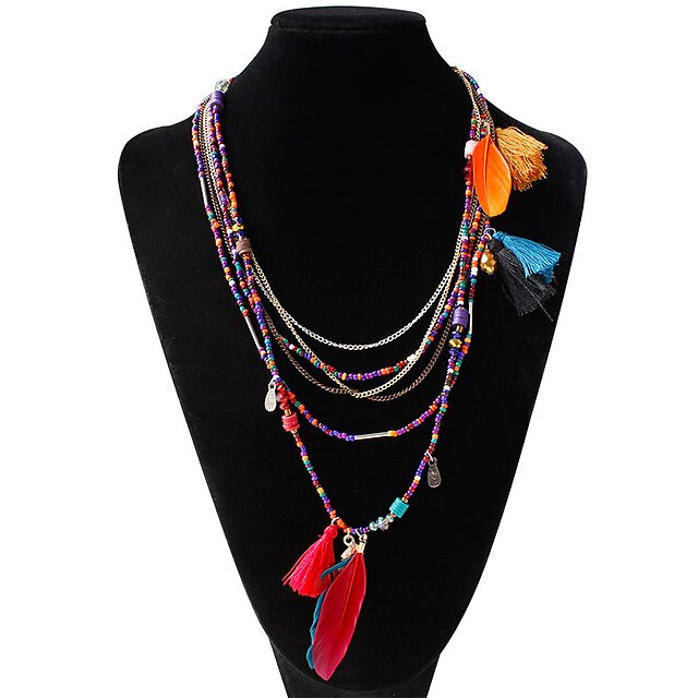  Women's Statement Necklace Long Necklace Bib Pom Pom Ladies Unique Design Bohemian Native American Feather Alloy Black Dark Green Rainbow Light Blue Necklace Jewelry For Party Casual Daily