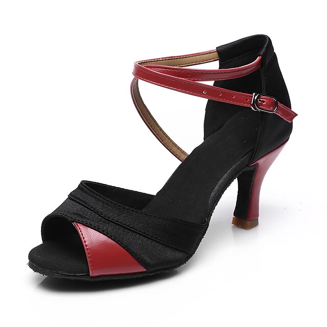  Dames Latin schoenen Salsa schoenen Prestatie Sandalen Hakken Gesp Cuba-hak Gesp Zilver zwart Zwart goud Zwart / Rood