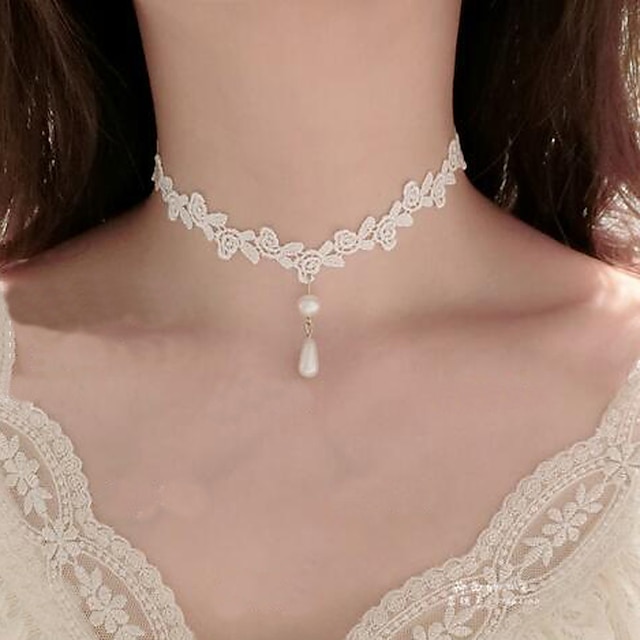  Women's Choker Necklace Pendant Flower Tattoo Style Dangling Imitation Pearl Lace White Necklace Jewelry For Wedding Party Special Occasion Birthday Daily Casual / Engagement