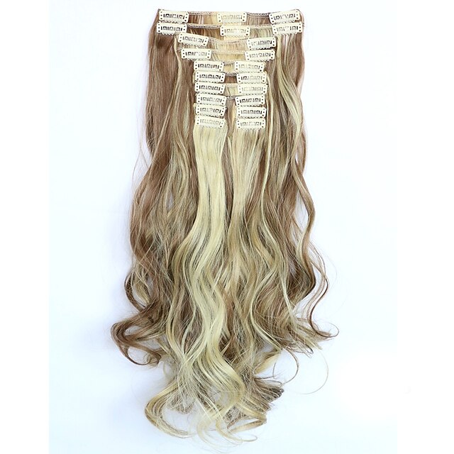  12pcs/Set 150g Medium Golden Brown Wavy Hair Extension Clip In Synthetic Hair Extensions