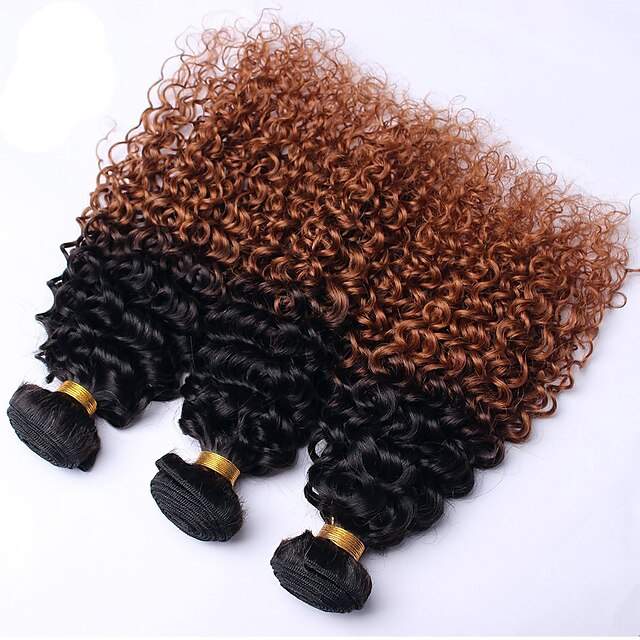  3 pakettia Hiuskudokset Brasilialainen Kihara Hiukset Extensions Remy-hius 100% Remy Hair Weave -paketit 300 g Ombre 8-28 inch Ombre Shedding ilmaiseksi Tangle Free Täysi kynsinauha / Pitkä / 8A