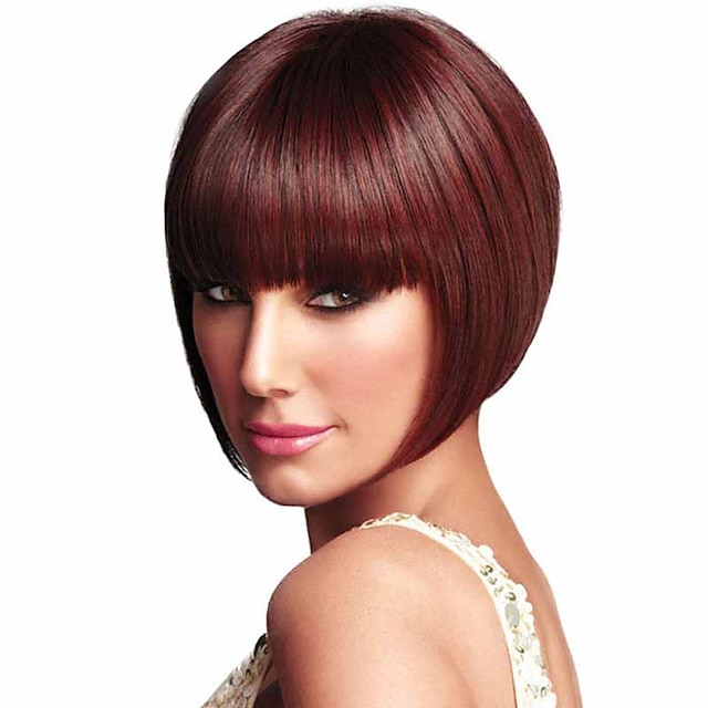  Synthetic Wig Straight Straight Bob With Bangs Wig Short Red Synthetic Hair Women's With Bangs Red