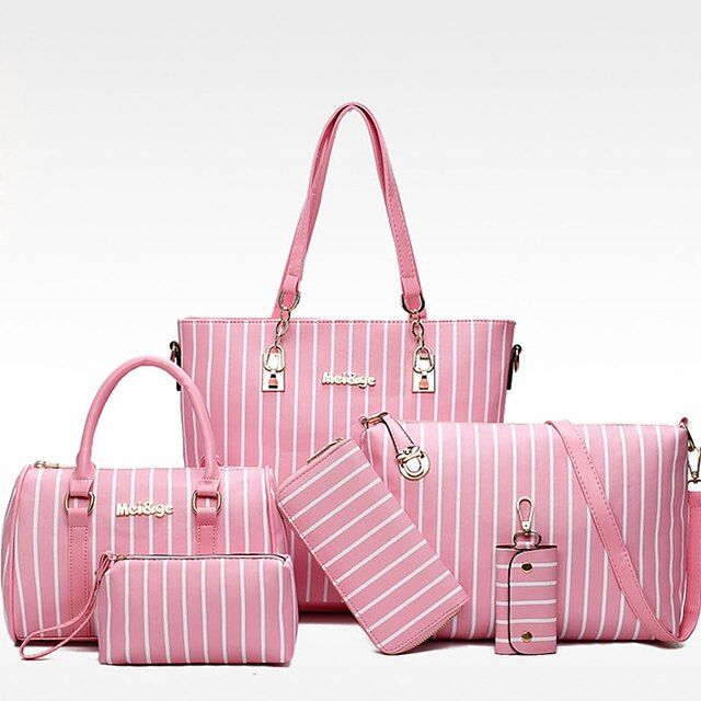  女性用 バッグ PU バッグセット 6個の財布セット 縞柄 ブラック / グレー / ピンク