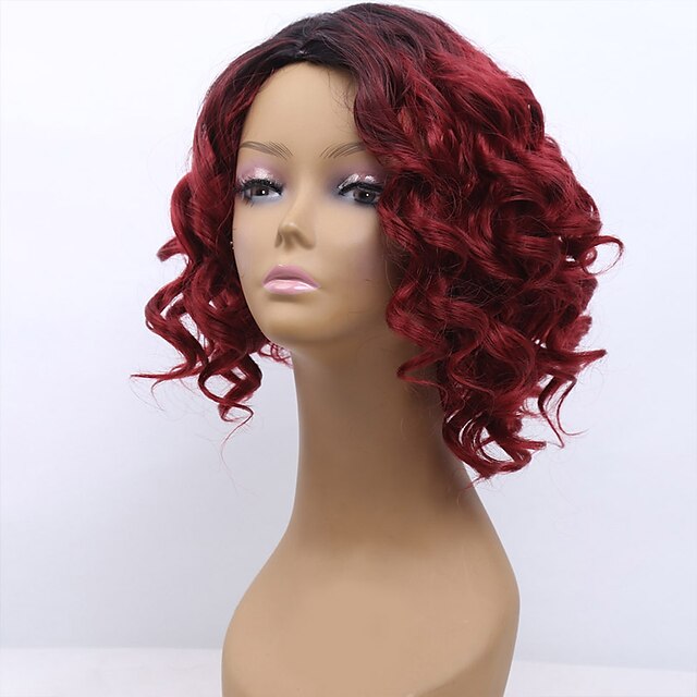  pelucas rojas para mujeres peluca sintética ondulada kardashian ondulada bob peluca corta negro / rojo pelo sintético ombre pelo raíces oscuras parte lateral negro