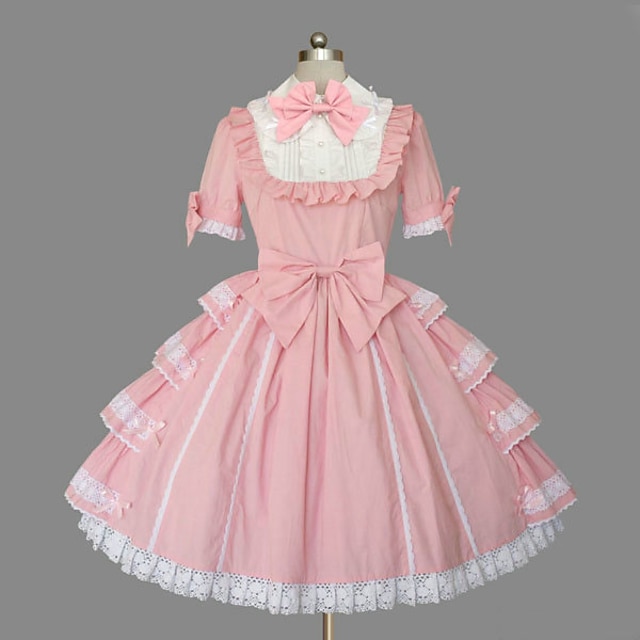  Prinsessa Söta Lolita semester klänning Klänningar Dam Flickor Bomull Japanska Cosplay-kostymer Plusstorlekar Anpassad Rosa Balklänning Ensfärgat Mode Holk Klocka Kortärmad Kort / mini / Frack