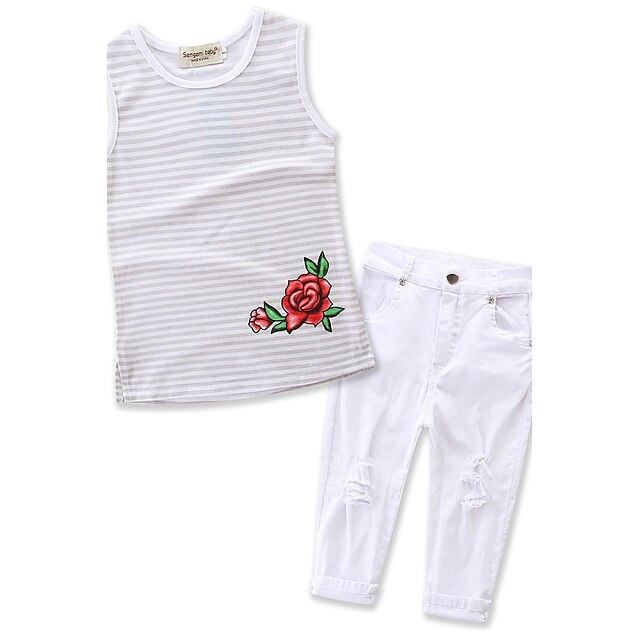  Toddler Girls' Floral Stripes Dresswear Daily Sports Going out Solid Colored Striped Print Sleeveless Regular Regular Cotton Clothing Set White