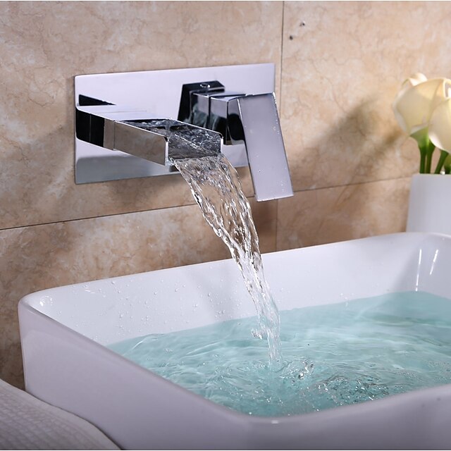  Bateria do umywalki łazienkowej - Wodospad Chrom Ścienny Dwa Otwory / Jeden uchwyt Dwa otworyBath Taps / Mosiądz