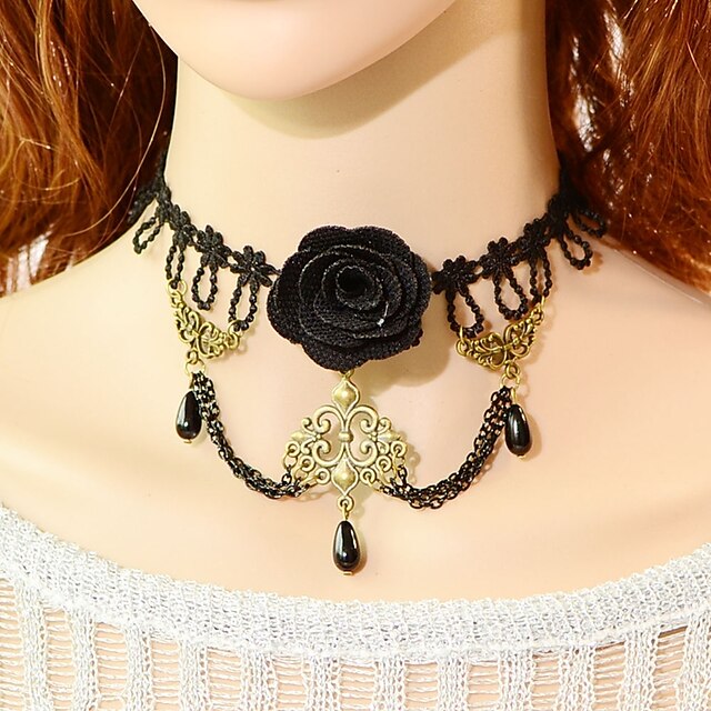  Damen Halsketten - Künstliche Perle, Spitze, Schwarze Perle Blume Klassisch, Modisch Schwarz Modische Halsketten Für Hochzeit, Party, Besondere Anlässe