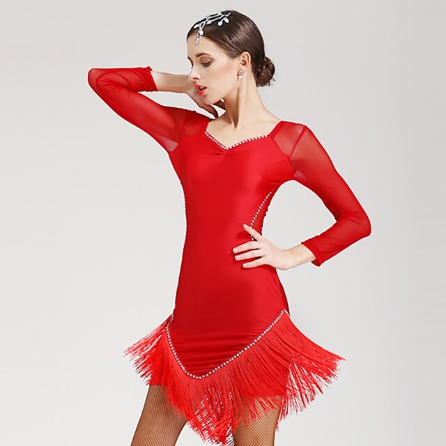  الرقص اللاتيني الفساتين للمرأة أداء سباندكس كم طويل ارتفاع متوسط فستان