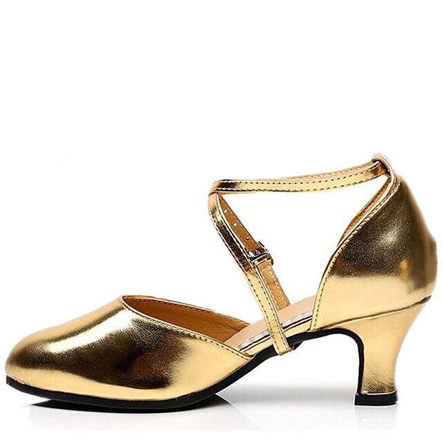  Mulheres Sapatos de Dança Latina Sandália Salto Robusto Courino Preto / Vermelho / Dourado