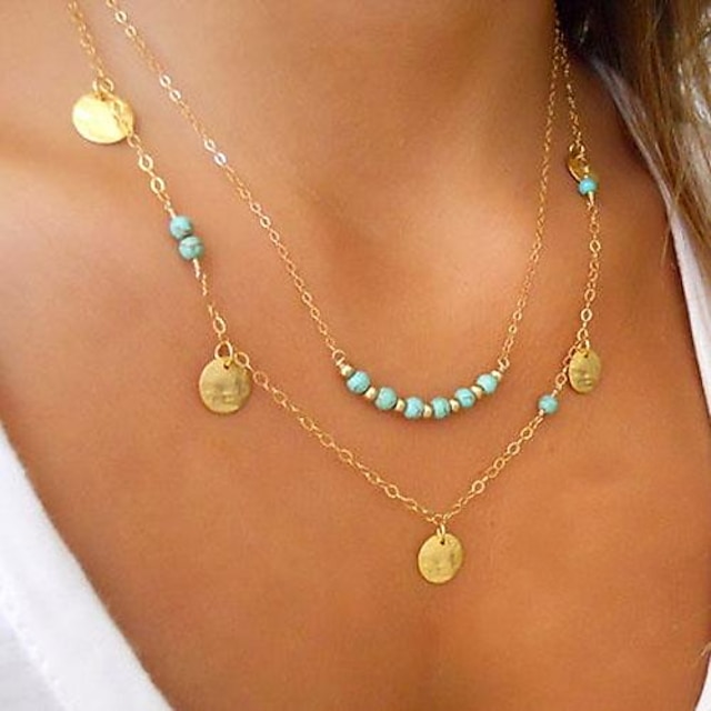  Women's Turquoise Pendant Necklace Double Floating Ladies Personalized Basic Fashion Gold Plated Turquoise Alloy Golden Silver Necklace Jewelry For Party Wedding Casual Daily Sports Masquerade