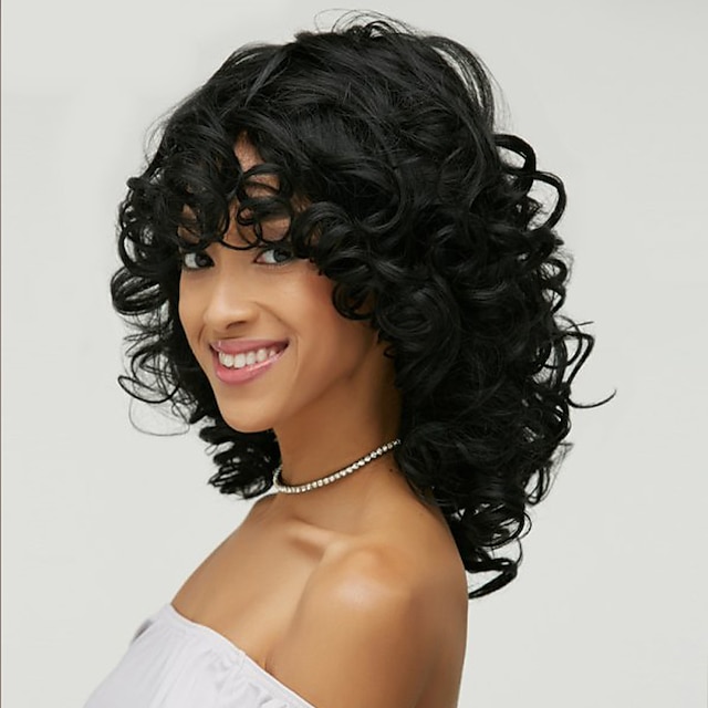 Beauty & Hair Wigs & Hair Pieces | Synthetic Wig Wavy Kardashian Wavy With Bangs Wig Medium Length Natural Black #1B Synthetic H