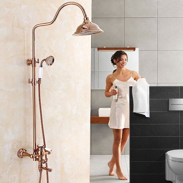  Shower System Set - Rainfall Country Rose Gold Shower System Ceramic Valve Bath Shower Mixer Taps / Single Handle Two Holes