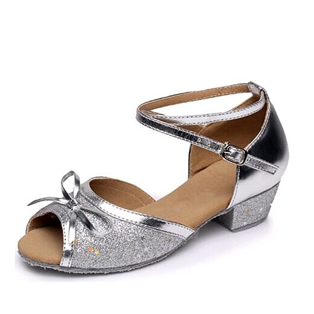  Women's Latin Shoes Dance Shoes Performance Indoor ChaCha Sparkling Shoes Flat Bowknot Glitter Low Heel Buckle Silver Blue Fuchsia