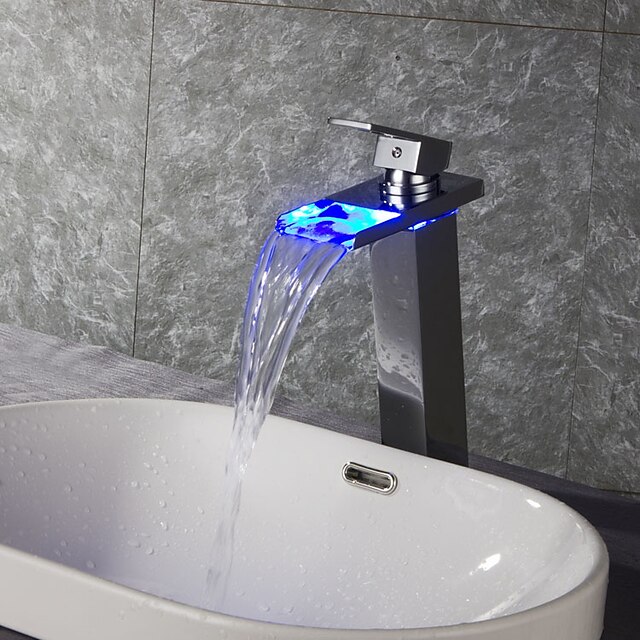  Bathroom Sink Faucet - Thermostatic / LED / Waterfall Chrome Deck Mounted One Hole / Single Handle One HoleBath Taps