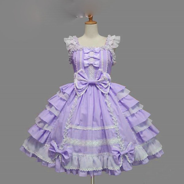  Sweet Lolita Plus Size Vacation Dress Dress JSK / Jumper Skirt Women's Girls' Cotton Japanese Cosplay Costumes Purple / Yellow / Blue Solid Colored Bowknot Cap Sleeve Short Sleeve Short / Mini