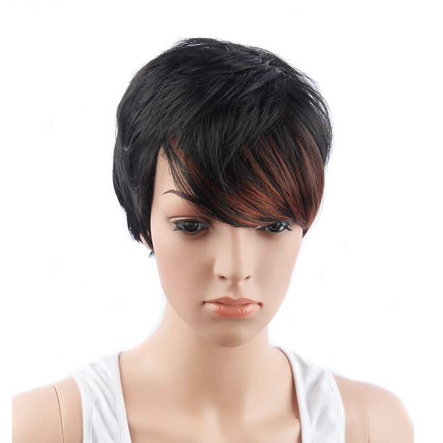 Synthetic Wig Straight Straight Pixie Cut Layered Haircut With Bangs Wig Short Black / Auburn Synthetic Hair Highlighted / Balayage Hair Black