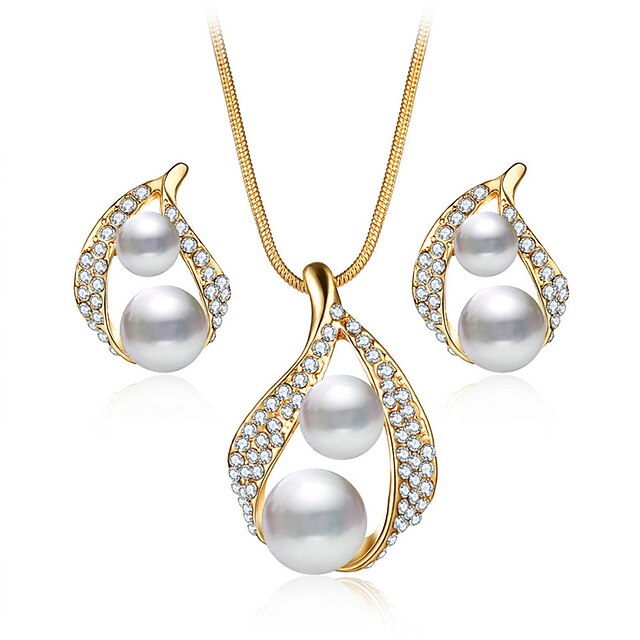  Mulheres Cristal Conjunto de Jóias Pingentes Colar / Brincos Caído senhoras Luxo Pingente Pérola Fashion Casamento Cristal Imitação de Pérola Strass Brincos Jóias Dourado Para Presentes de Natal