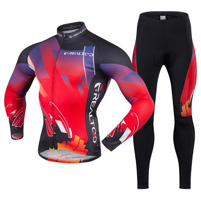  Realtoo Men's Long Sleeve Cycling Jersey with Tights Winter Lycra Polyester Bike Clothing Suit Breathable 3D Pad Quick Dry Ultraviolet Resistant Back Pocket Sports Classic Mountain Bike MTB Road Bike