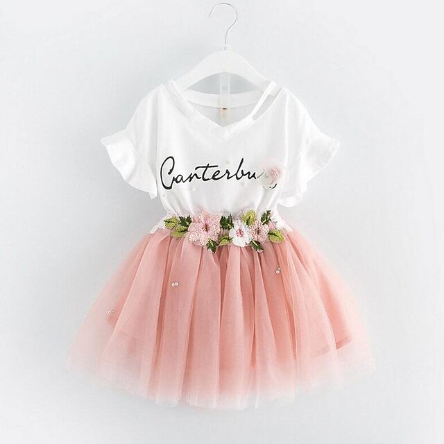  Toddler Girls' Clothing Set Short Sleeve Pink Light Green Floral Pleated Cotton Daily Sweet Regular / Summer