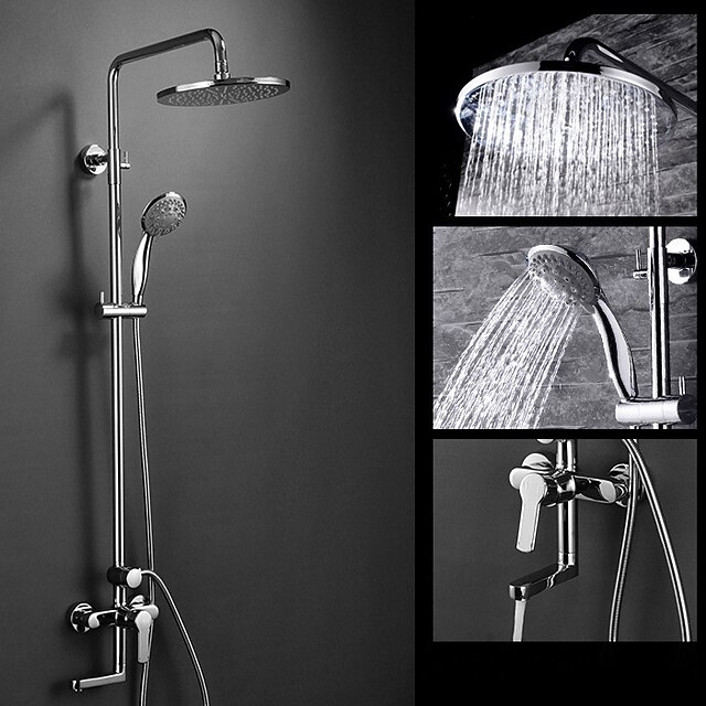  Dusjsystem Sett - Regnfall Moderne Krom Vægmonteret Keramisk Ventil Bath Shower Mixer Taps / Messing / To Håndtak tre hull