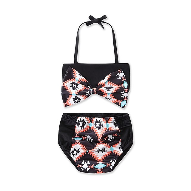  Toddler Girls' Swimwear Bikini Two Pieces Swimsuit Swimwear Print Geometric Black Bow Bathing Suits