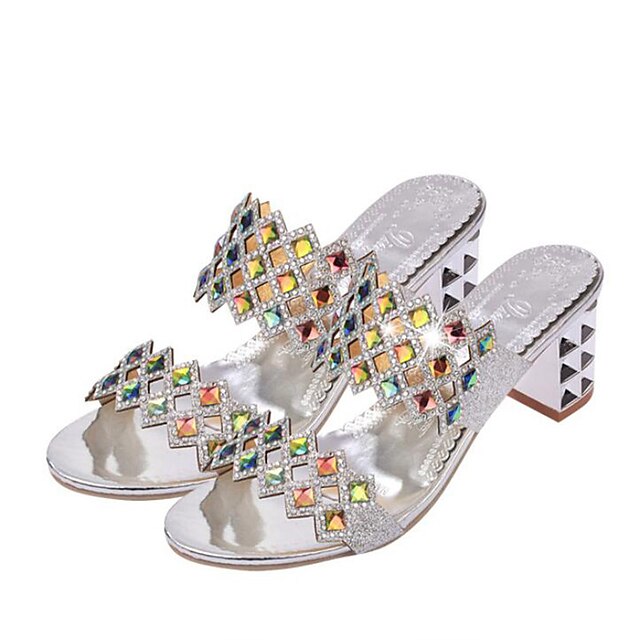  Women's Shoes Pigskin Spring / Summer Comfort / Light Soles Sandals Walking Shoes Chunky Heel Peep Toe Rhinestone Gold / Silver
