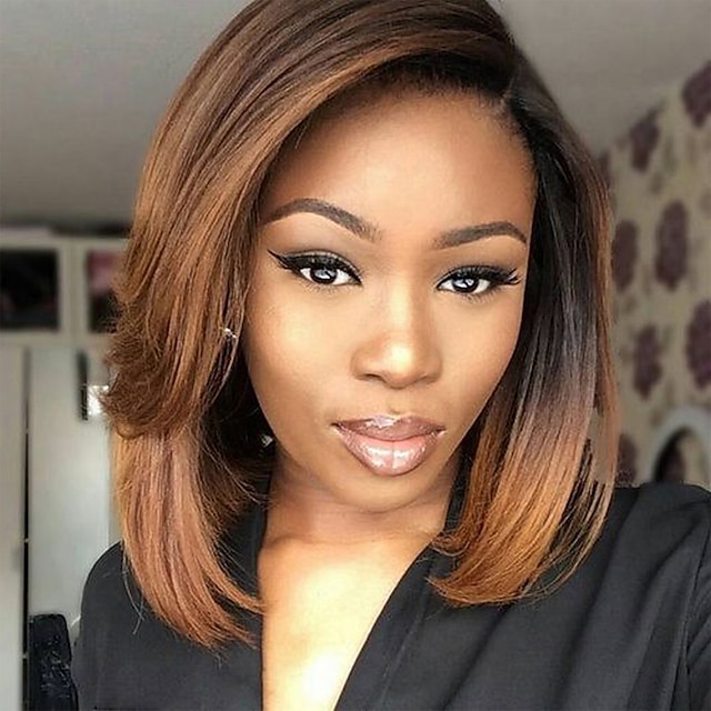  Synthetic Wig Straight  Straight Bob Wig Medium Length Ombre Black / Medium Auburn Synthetic Hair Women's Middle Part Bob Ombre Hair Dark Roots Black