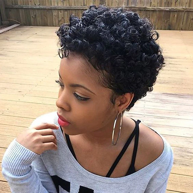 Human Hair Blend Wig Afro Curly Pixie Cut Machine Made Natural Black #1B Medium Brown Dark Wine Daily 8