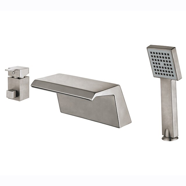  Badekarshaner - Art Deco / Retro / Moderne Nikkel Børstet Badekar & Bruser Keramik Ventil Bath Shower Mixer Taps / Messing / To Håndtag tre huller