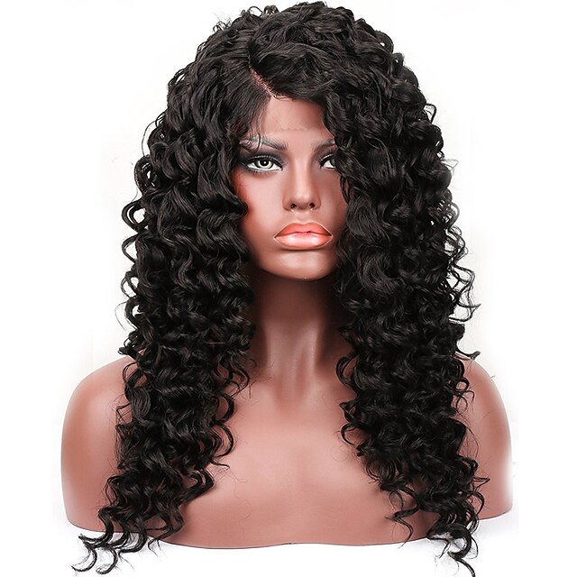  Perucas Lace Front Sintéticas Kinky Curly Cabelo Sintético Riscas Naturais Preta Peruca Mulheres Longo Parte L Preto Natural