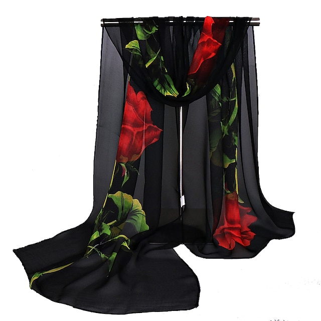 Womens Clothing Womens Accessories | Womens Chiffon Scarf Wedding Black Scarf Floral Pink Fall Spring Print Polyester - AE60615