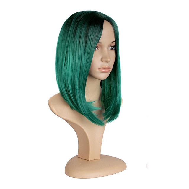  Synthetic Wig Straight Kardashian Straight Bob With Bangs Wig Medium Length Green Synthetic Hair Women‘s Middle Part Bob Ombre Hair Dark Roots Black St.Patrick's Day Wigs