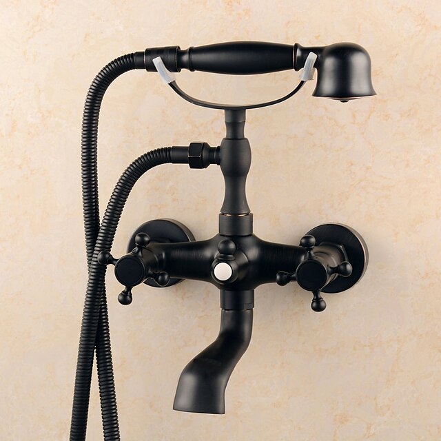  Badekarskran Sett - Hånddusj Inkludert Antikk Olje-gnidd Bronse Vægmonteret Keramisk Ventil Bath Shower Mixer Taps / Messing / Enkelt håndtak To Huller