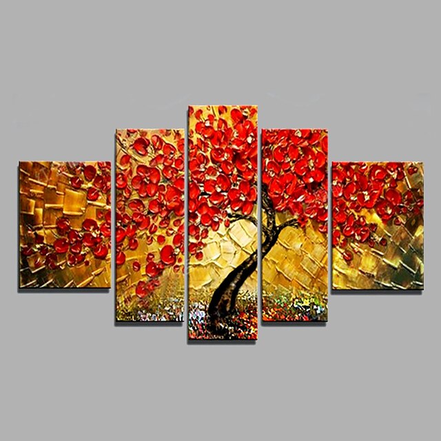  Hang-geschilderd olieverfschilderij Handgeschilderde - Bloemenmotief / Botanisch Modern Inclusief Inner Frame / Vijf panelen / Uitgerekt canvas