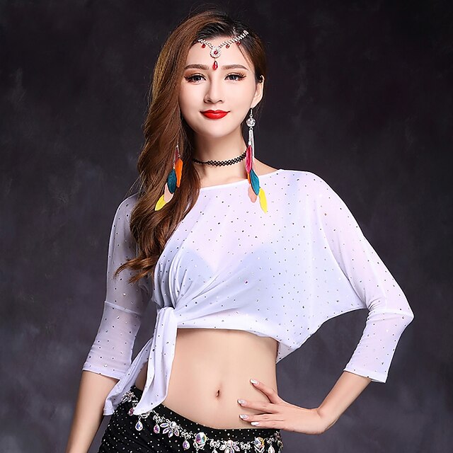  Belly Dance Tops Women's Performance Spandex Sequin 3/4 Length Sleeve Natural Top