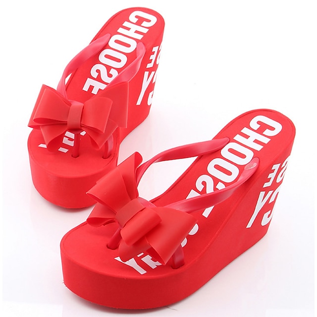  Women's Wedge Heel Flip-Flops Summer Wedge Heel Bowknot Leatherette White / Black / Red